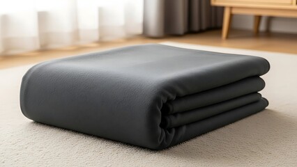 Fototapeta premium Folded dark gray blanket on carpet in bright room.