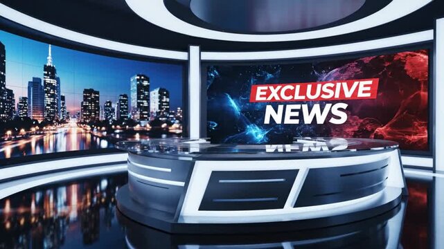 Breaking news studio set with vibrant city backdrop ready for broadcast, offering a modern and professional feel for any news or media outlet