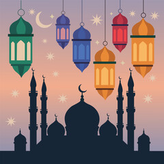 ramadan Kareem, Eid Mubarak Greeting Line icon minimal and simple vector design with beautiful Glowing Lantern and elegant crescent moon star for background and Banner