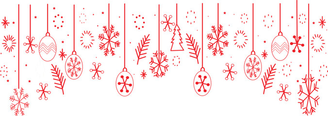  Christmas or winter holiday-themed border or background. It features a pattern of hanging red and white elements, including stylized snowflakes, baubles, and pine needles. 