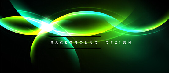 Abstract neon waves, vibrant green glow, dark background. Modern design element, energy flow, dynamic composition. Simple text overlay present.