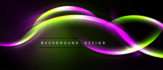 Abstract vibrant curves over black background. Gradient colors create dynamic visual effect. Modern design element for digital projects.