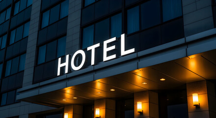 Illuminated hotel sign above entrance at night with architectural facade and lighting