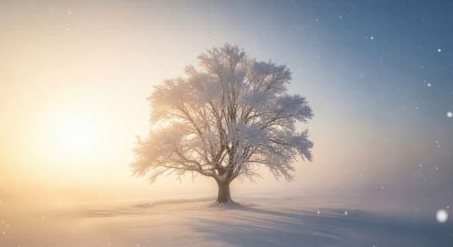 Solitary tree in misty winter landscape with soft glowing light - Powered by Adobe
