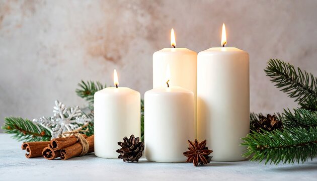 Festive Christmas arrangement with lit candles pine branches cinnamon and star anise.