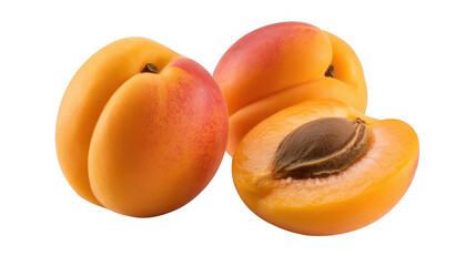 Three ripe apricots one halved revealing a brown seed against a black background isolated on a transparent background
