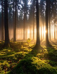 Sun rays stream through trees in a lush, green, mossy forest