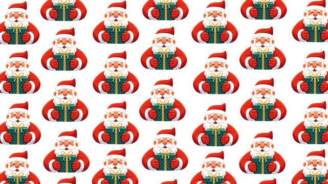 A seamless pattern of Santa Claus holding a Christmas gift on a clean white background, perfect for holiday themes, festive greetings, seasonal promos, and winter celebration footage