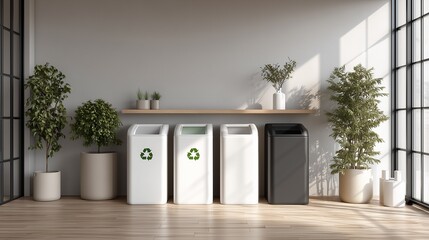 Modern waste sorting station with recycling bins in a bright indoor space