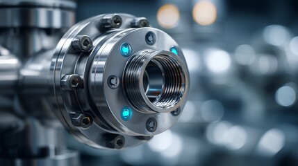 Close-up view of a metallic pipe fitting with blue LED indicators in a modern industrial setting