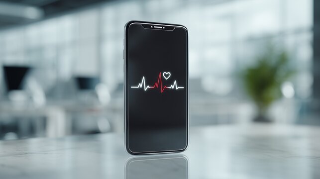 Smartphone displaying an animated heartbeat monitor in a modern office setting during the daytime