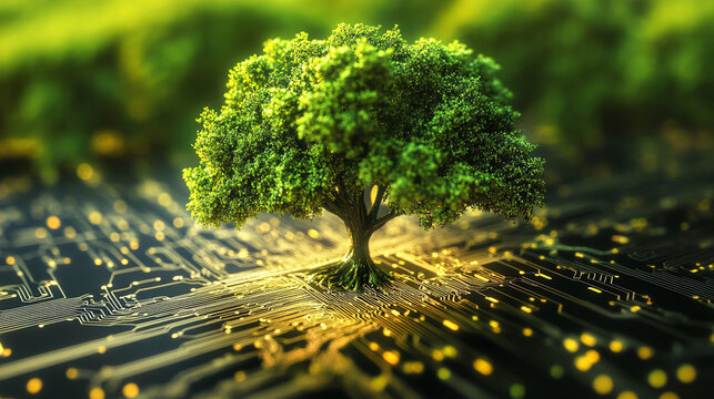 Futuristic tree growing from a circuit board, symbolizing technology, innovation, and digital growth, ideal for AI, electronics, and high-tech concept visuals. - Powered by Adobe