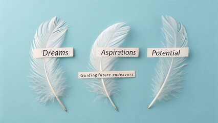 Three white feathers with aspirational words arranged on a light blue background symbolizing dreams, potential, and guiding future endeavors