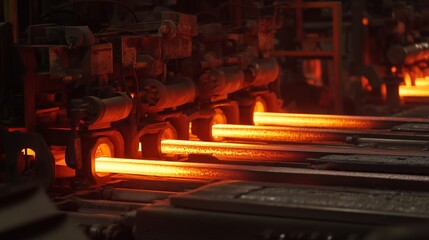 Metal rods are processed in a steel mill during night shift with bright orange heat illuminating the machinery