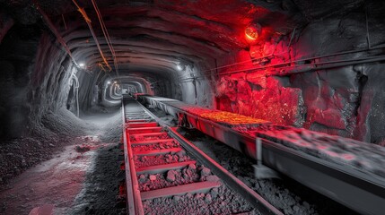 Dark underground mine tunnel with a conveyor belt transporting minerals during nighttime operations