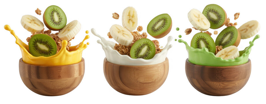 Three wooden bowls with splashing liquids and falling fruit slices isolated on a transparent background - Powered by Adobe