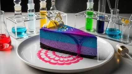 A slice of galaxy cake with layers of purple, blue, and black, topped with a butterfly and glitter, sits on a white plate, surrounded by beakers and test tubes filled with colorful liquids.