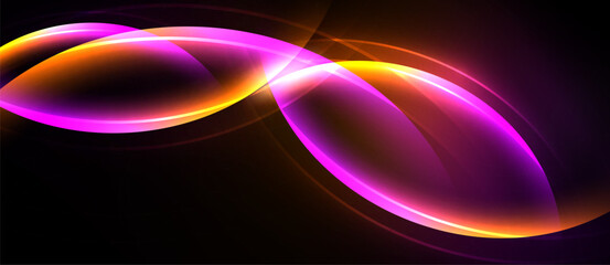 Bright neon shapes overlap, creating abstract glowing lines. Dark background emphasizes vibrant colors, smooth gradients.