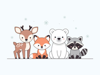 Obraz premium Cute cartoon illustration of a deer, fox, polar bear, and raccoon sitting together under snowflakes.