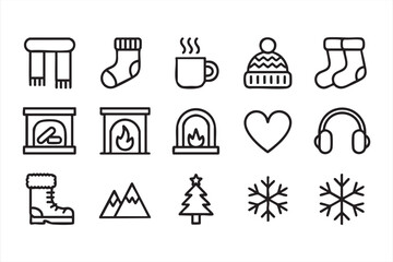 Winter comfort symbols with mugs, boots, fireplaces and snow-themed graphics
