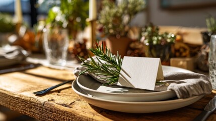 Place setting with blank name card rosemary sprig and rustic wood table detail