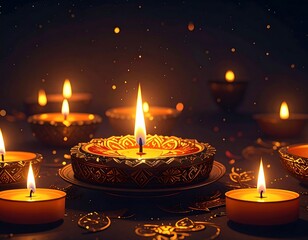 Close-up of ornate, lit oil lamps, each glowing warmly. Golden flecks sparkle against a dark background, evoking a festive, spiritual ambiance