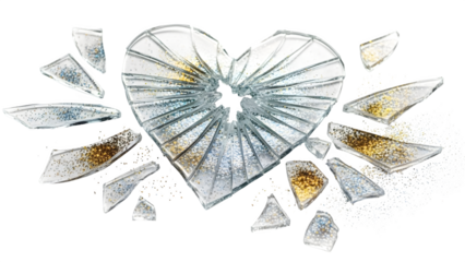 Broken heart with glitter shards, isolated on transparent background