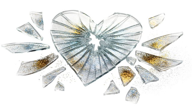Broken heart with glitter shards, isolated on transparent background - Powered by Adobe