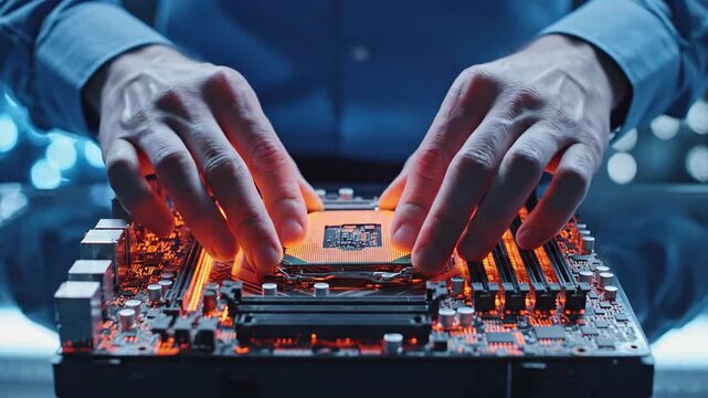 Hands install central processing unit onto computer motherboard for system assembly