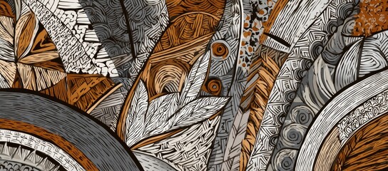 Abstract illustration with textured shapes in earthy tones with intricate linear details