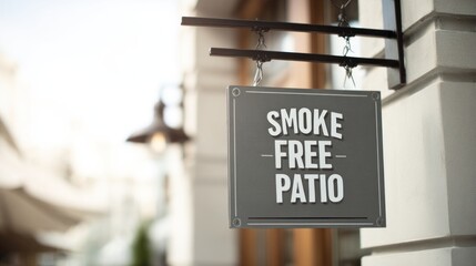 Outdoor sign indicating smoke-free patio area, featuring bold typography and a modern design, enhancing the inviting atmosphere of the outdoor space