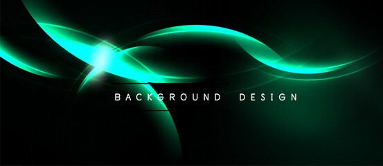 Dark backdrop features vibrant turquoise waves, glowing lines. Modern design element, suitable for digital projects. Minimalist aesthetic.
