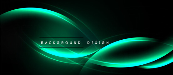Dark background features vibrant turquoise curves. Modern design elements create dynamic visual flow. Text reads background design.