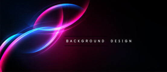 Abstract neon lines form flowing shapes against dark background. Modern design element for digital projects.