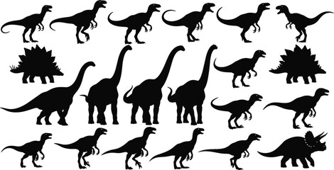 Large vector collection of various black dinosaur silhouettes, including T-Rex, Brachiosaurus, and Triceratops, representing prehistoric animals, jurassic era, paleontology, ancient  © Atabur