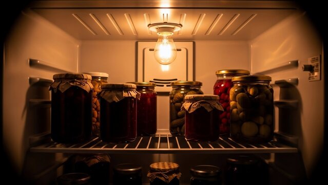 Warmly lit interior of a refrigerator or pantry showcasing numerous jars of homemade preserved foods.