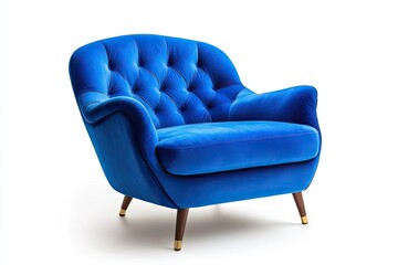 A vibrant blue armchair with a tufted backrest and gold legs, set against a white background.