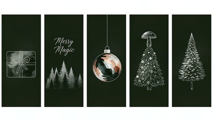 A collection of five minimalist dark green Christmas-themed vertical panels featuring festive illustrations like gift boxes, pine trees, ornaments, and 'Merry Magic' text.