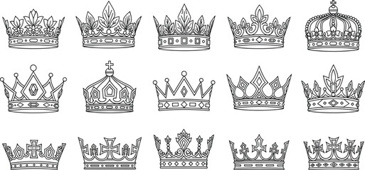 Set of fifteen elegant royal crown line art vector icons for king and queen, representing monarchy, authority, success, luxury, vintage heraldry, and imperial power in a sophisticated collection. © Atabur