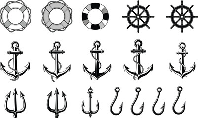 Set of fifteen vintage marine vector illustrations, including lifebuoys, ship steering wheels, traditional anchors with rope, fishing hooks, and powerful tridents