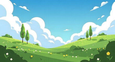 Fototapeta premium Cartoon landscape with rolling green hills trees and blue sky with clouds