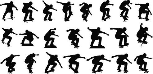 Set of Skateboarder Silhouettes, Collection of Men Performing Skate Tricks, Black Vector Art, Extreme Sport Action, Jumping, Ollie, Flip, Movement, Urban Culture, Youth, Hobby, Sport, Dynamic Graphic