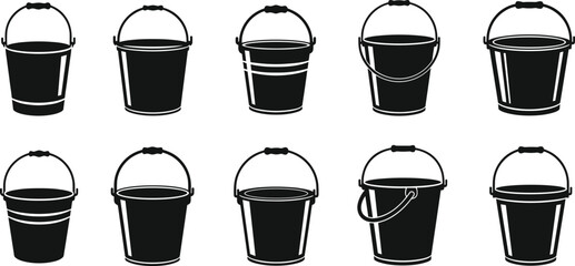 Set of ten black vector bucket and pail silhouettes with handles, illustrating various containers used for water, cleaning, gardening, construction, household chores, and beach play  © Atabur