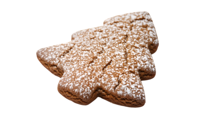 Delicious gingerbread Christmas tree cookie, dusted with powdered sugar, symbolizing holiday baking and sweet winter treats, isolated on transparent background