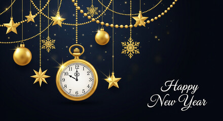 Elegant Happy New Year Background with Gold Ornaments