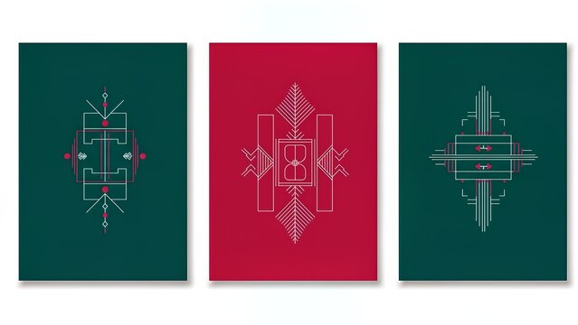 Three abstract geometric line art designs on colorful backgrounds, featuring symmetrical patterns in teal and red, presented as a triptych.