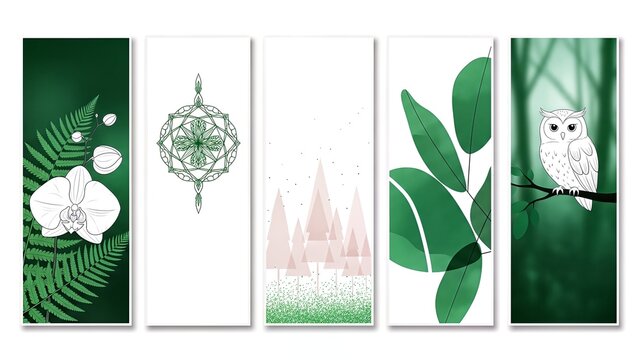 Set of five vertical nature-inspired illustrations featuring ferns, orchids, mandalas, abstract trees, green leaves, and a white owl in a forest.