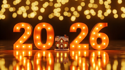 Real estate 2026 market forecast for 2026 with illuminated numbers and house, Real estate 2026