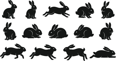 Silhouette collection of rabbits in various poses showing sitting, running, jumping, resting and playful bunny movements for wildlife illustration, design elements and animal graphic projects