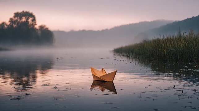 A serene scene featuring a paper boat floating on a misty lake at dawn, surrounded by gentle hills and lush greenery. - Powered by Adobe